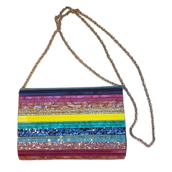 Kurt Geiger London Party Multi Stripe  Pride Rainbow Glitter Envelope clutch - Picture 4 of 17